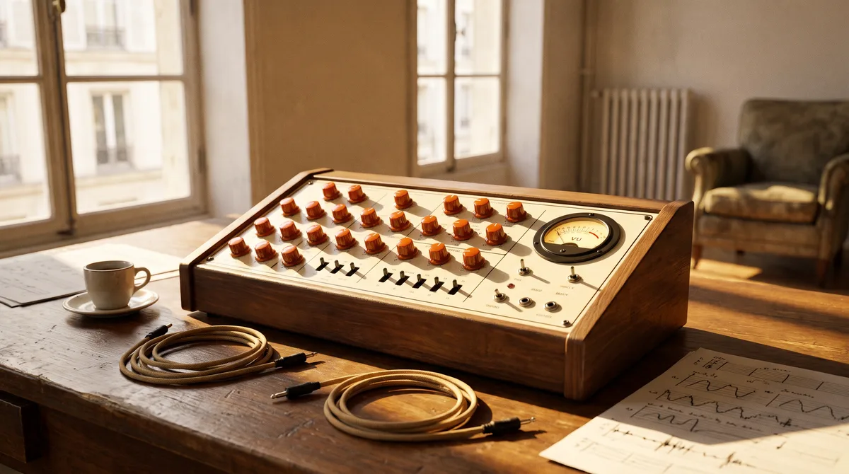 An ONDES 77 synthesizer on a walnut desk in a sunlit Paris workshop, beside an espresso cup, coiled patch cables and handwritten waveform sketches.