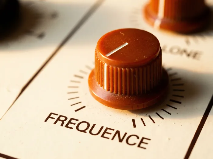 Macro photograph of a burnt-orange bakelite knob labelled FRÉQUENCE on the ONDES 77 cream enamel faceplate.