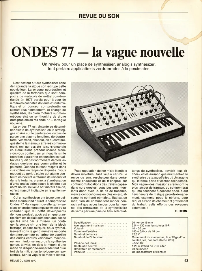 Aged scan of a 1977 Revue du Son magazine page reviewing the ONDES 77 — headline reads 'ONDES 77 — la vague nouvelle', with a black-and-white photograph of the stage keyboard model.